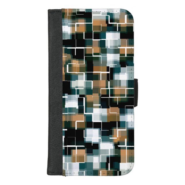 Trendy Teal Brown Black White Plaid iPhone Wallet Case (Front)