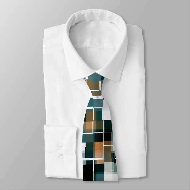 Trendy Teal Brown Black White Plaid Neck Tie (Tied)