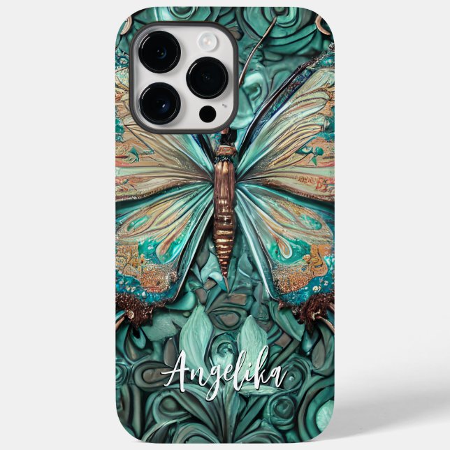 Trendy Teal Butterfly Personalized Name Case-Mate iPhone Case (Back)