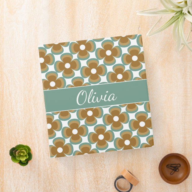 Trendy Teal Caramel Retro Groovy Flowers Seamless 3 Ring Binder (In Situ)