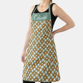 Trendy Teal Caramel Retro Groovy Flowers Seamless Apron