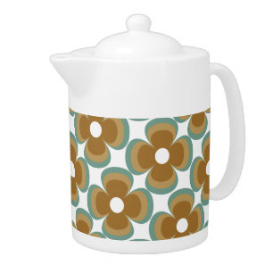 Trendy Teal Caramel Retro Groovy Flowers Seamless Teapot