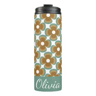 Trendy Teal Caramel Retro Groovy Flowers Seamless Thermal Tumbler