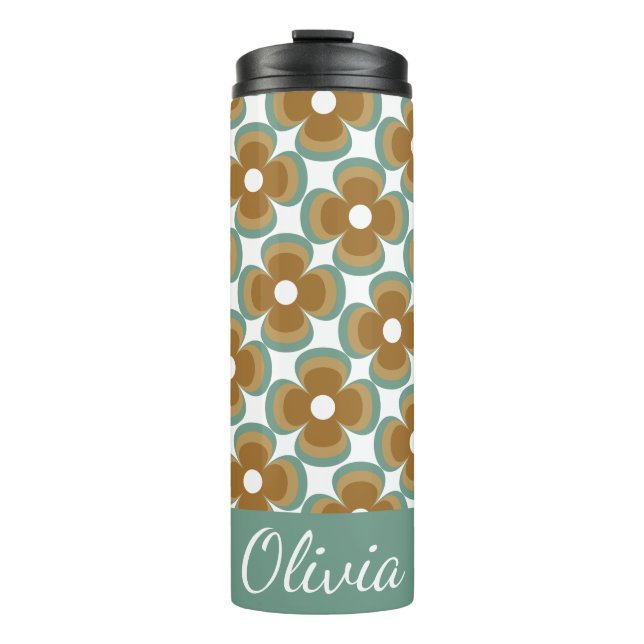 Trendy Teal Caramel Retro Groovy Flowers Seamless Thermal Tumbler (Front)