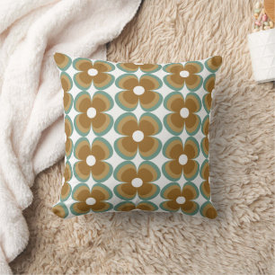 Trendy Teal Caramel Retro Groovy Flowers Seamless Throw Pillow