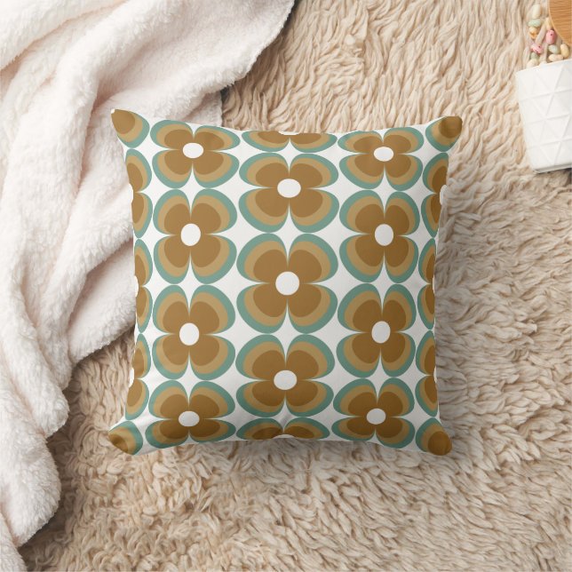 Trendy Teal Caramel Retro Groovy Flowers Seamless Throw Pillow (Blanket)