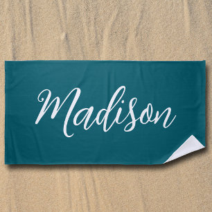 Trendy Teal Customized Name Handwritten Script Beach Towel