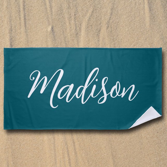 Trendy Teal Customized Name Handwritten Script Beach Towel (Creator Uploaded)