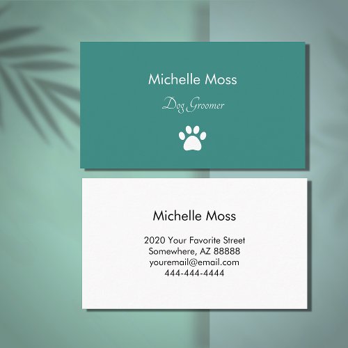 Trendy Teal Dog Groomer Paw Print Business Card