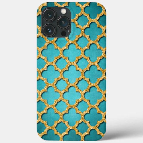 Trendy Teal Faux Shiny Gold Glitter Mosaic Art iPhone 13 Pro Max Case