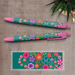 Trendy Teal Floral Pattern with Custom Monogram Black Ink Pen