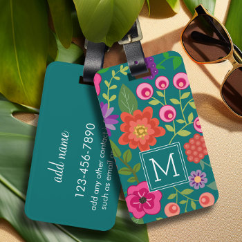 Trendy Teal Floral Pattern With Custom Monogram Luggage Tag by icases at Zazzle