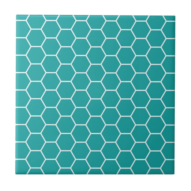 Trendy Teal Geometric Honeycomb Hexagon Pattern Tile (Front)