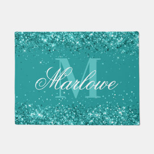 Trendy Teal Glitter Blue Green Monogram Doormat