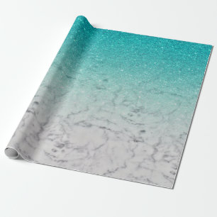 Trendy Teal Glitter Ombre White Marble Wrapping Paper