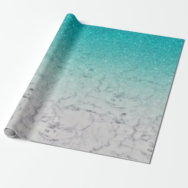 Trendy Teal Glitter Ombre White Marble Wrapping Paper (Unrolled)