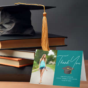Trendy Teal Graduate Photo Custom Graduation Letterpress Thank You Card