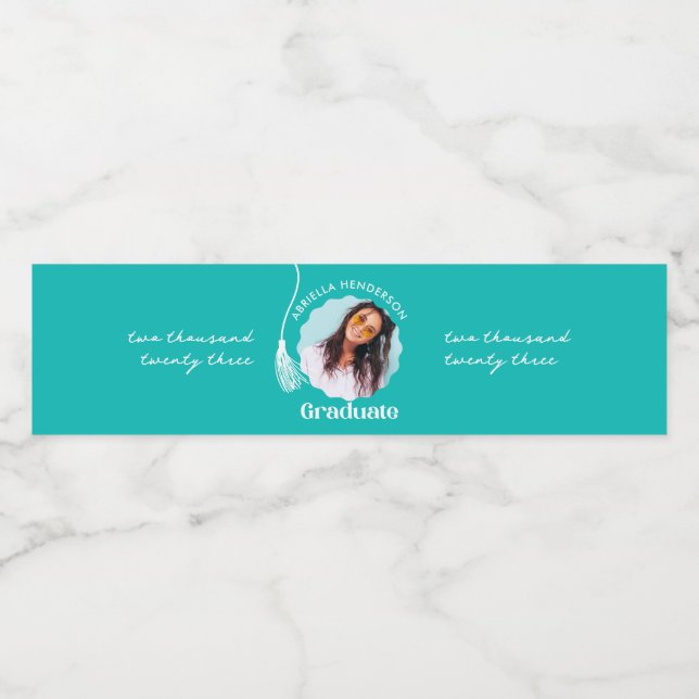 Trendy Teal Graduation Photo Water Bottle Label (Single Label)