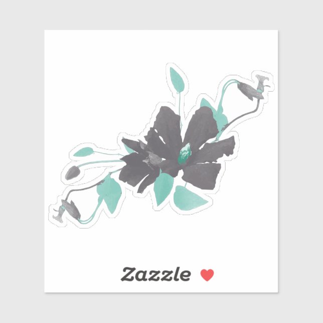 Trendy Teal Gray Watercolor Flowering Vines Sticker (Sheet)