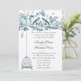 Trendy Teal Green Bird Cage Vintage Scroll Wedding Invitation