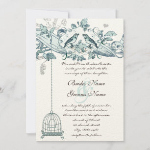 Trendy Teal Green Bird Cage Vintage Scroll Wedding Invitation