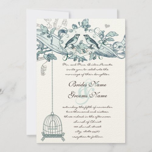 Trendy Teal Green Bird Cage Vintage Scroll Wedding Invitation