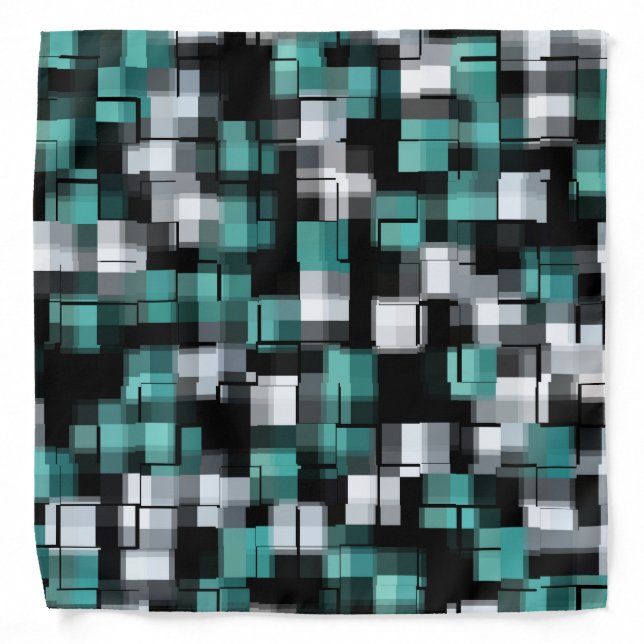 Trendy Teal Green Blue Black White Abstract Plaid Bandana (Front)