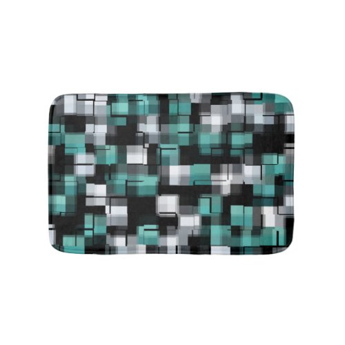 Trendy Teal Green Blue Black White Abstract Plaid Bath Mat