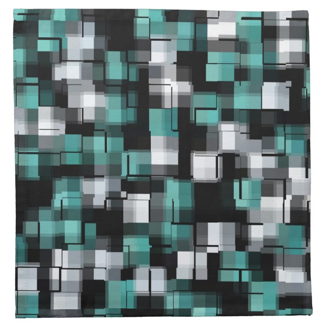 Trendy Teal Green Blue Black White Abstract Plaid Cloth Napkin (Front)