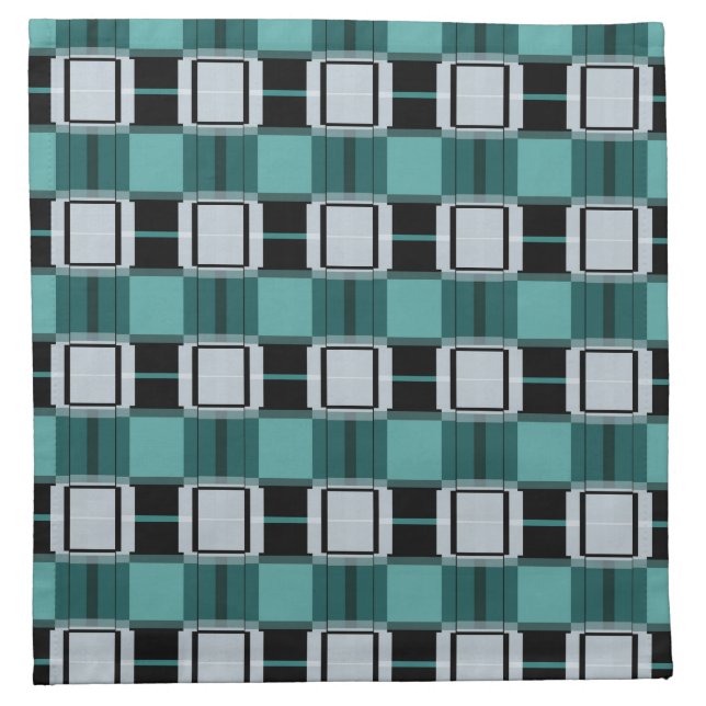Trendy Teal Green Blue Black White Abstract Plaid Cloth Napkin (Front)