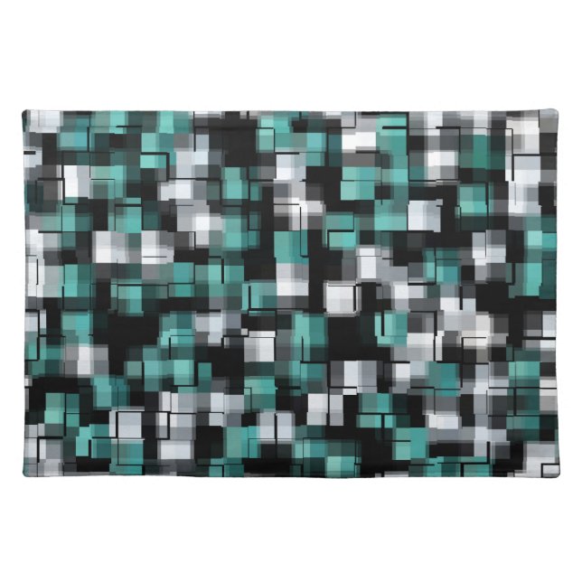 Trendy Teal Green Blue Black White Abstract Plaid Cloth Placemat (Front)