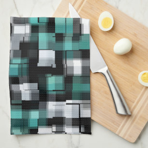 Trendy Teal Green Blue Black White Abstract Plaid Kitchen Towel