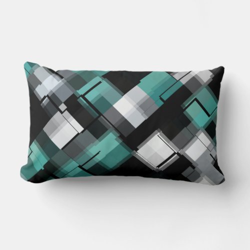 Trendy Teal Green Blue Black White Abstract Plaid Lumbar Pillow