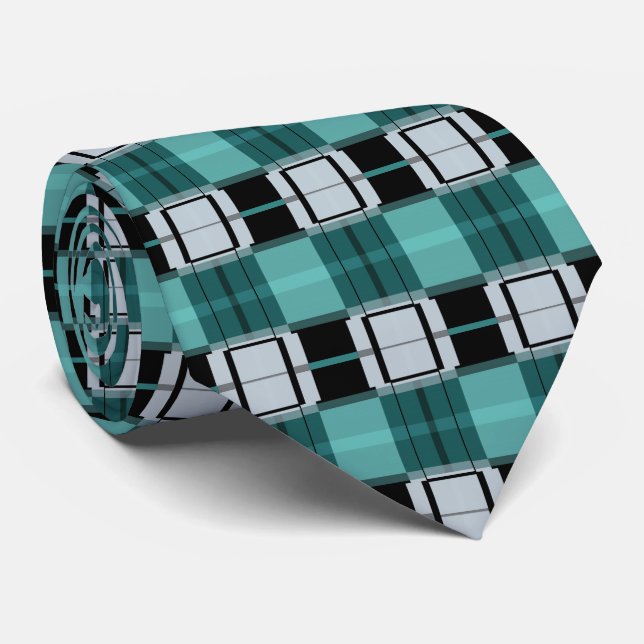 Trendy Teal Green Blue Black White Abstract Plaid Neck Tie (Rolled)