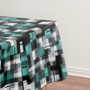 Trendy Teal Green Blue Black White Abstract Plaid Tablecloth