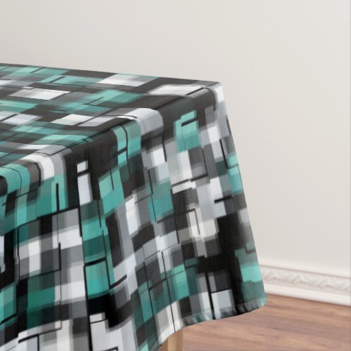 Trendy Teal Green Blue Black White Abstract Plaid Tablecloth