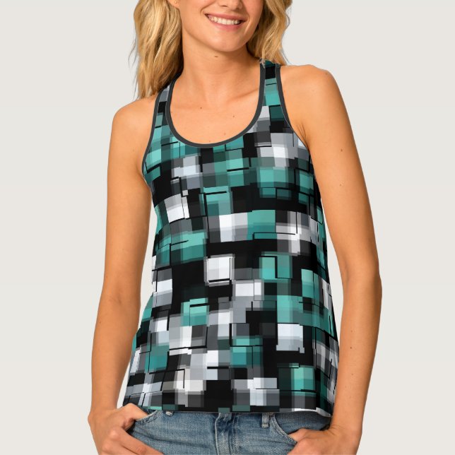 Trendy Teal Green Blue Black White Abstract Plaid Tank Top (Front)