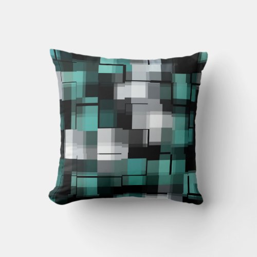 Trendy Teal Green Blue Black White Abstract Plaid Throw Pillow
