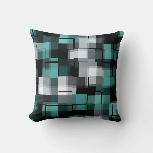 Trendy Teal Green Blue Black White Abstract Plaid Throw Pillow (Front)