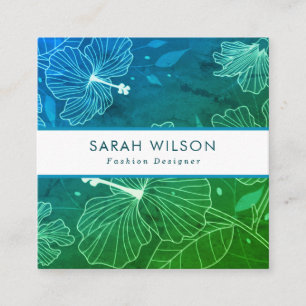 Trendy Teal Green White Hibiscus Flowers QR Code Square Business Card