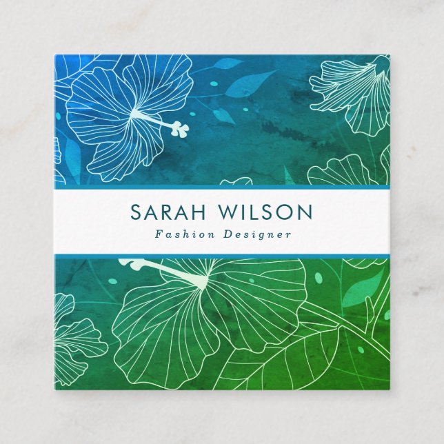 Trendy Teal Green White Hibiscus Flowers QR Code Square Business Card (Front)