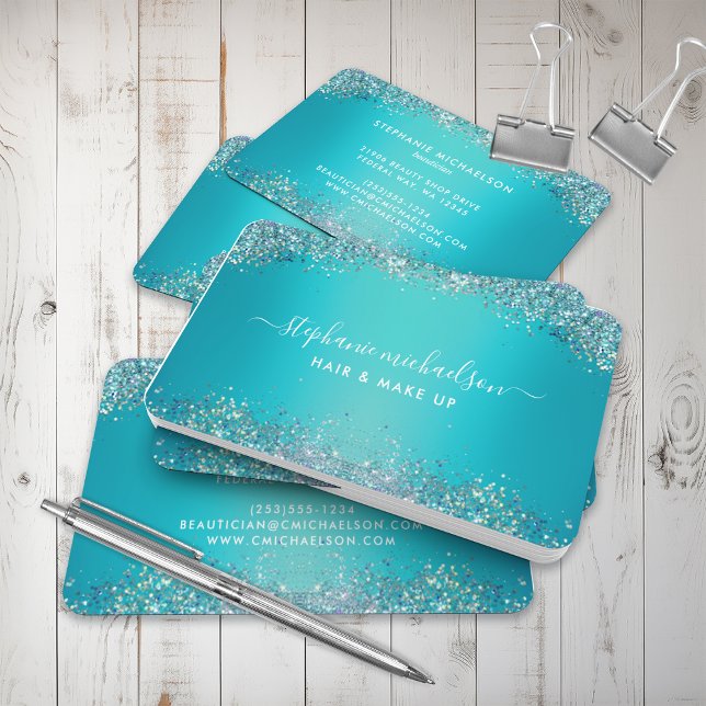 Trendy Teal Holographic Glitter Hair Makeup Salon Business Card (Trendy Teal Holographic Glitter Hair Makeup Salon Business Card)