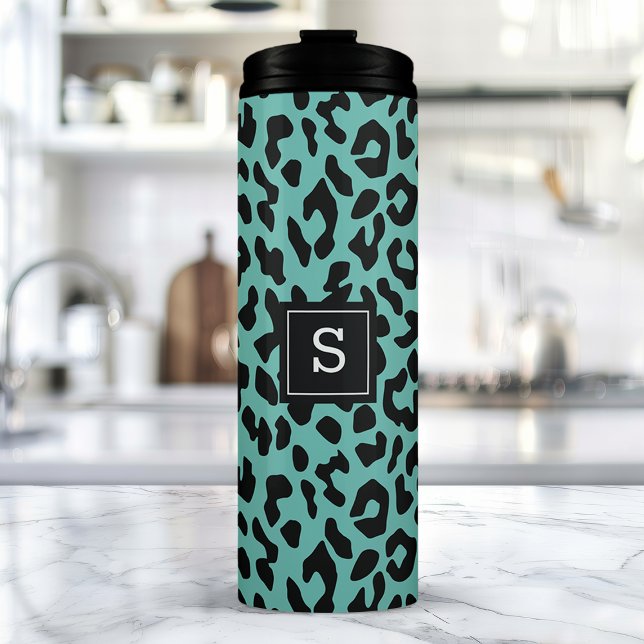Trendy Teal Leopard Animal Print Monogram Thermal Tumbler (Creator Uploaded)