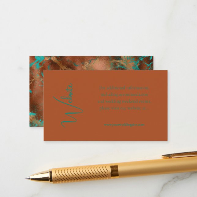 Trendy Teal Metallic Foil Copper Wedding Website Enclosure Card (Front/Back In Situ)