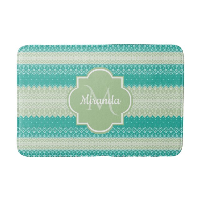 Trendy Teal Neo Mint Green Knit Pattern and Name Bathroom Mat (Front)