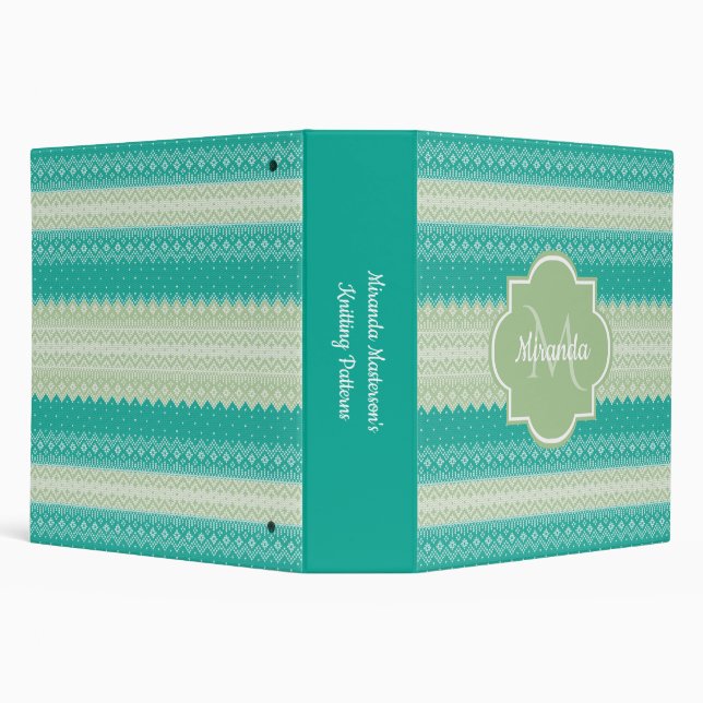 Trendy Teal Neo Mint Green Knit Pattern and Name Binder (Background)