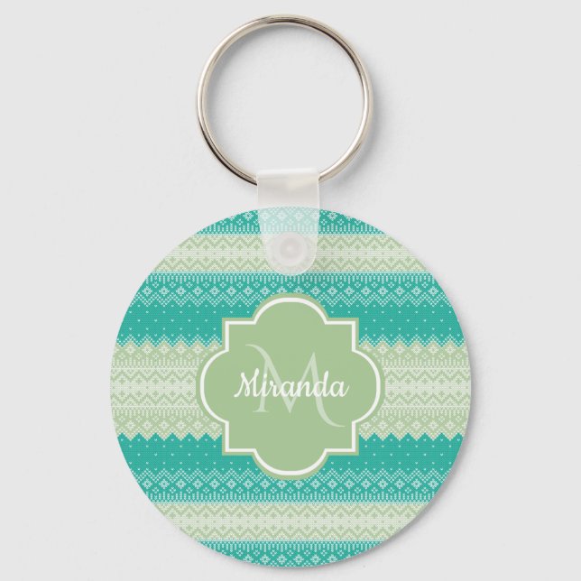 Trendy Teal Neo Mint Green Knit Pattern and Name Keychain (Front)