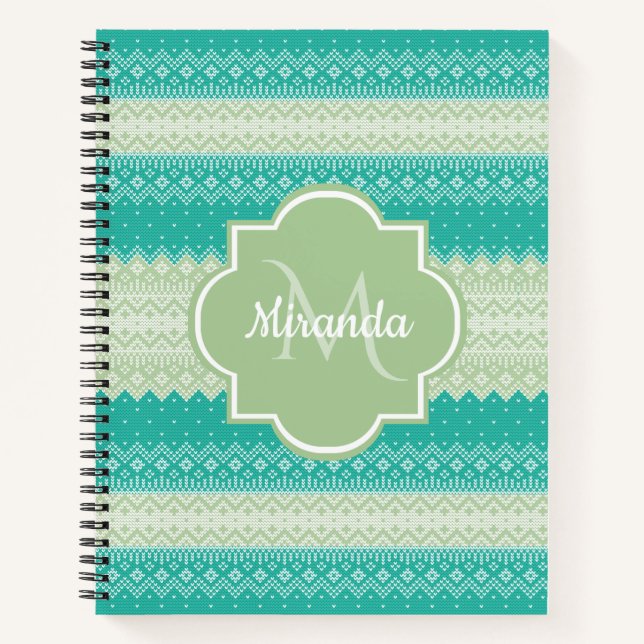 Trendy Teal Neo Mint Green Knit Pattern and Name Notebook (Front)