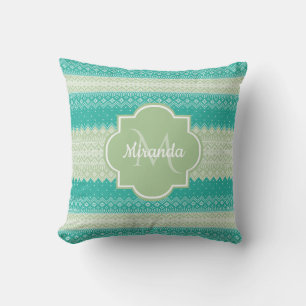 Trendy Teal Neo Mint Green Knit Pattern and Name Throw Pillow