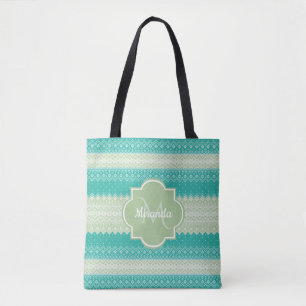 Trendy Teal Neo Mint Green Knit Pattern and Name Tote Bag